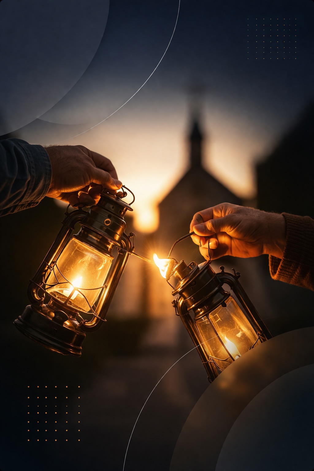 Two hands passing the flame between brass lanterns outside a church at dusk